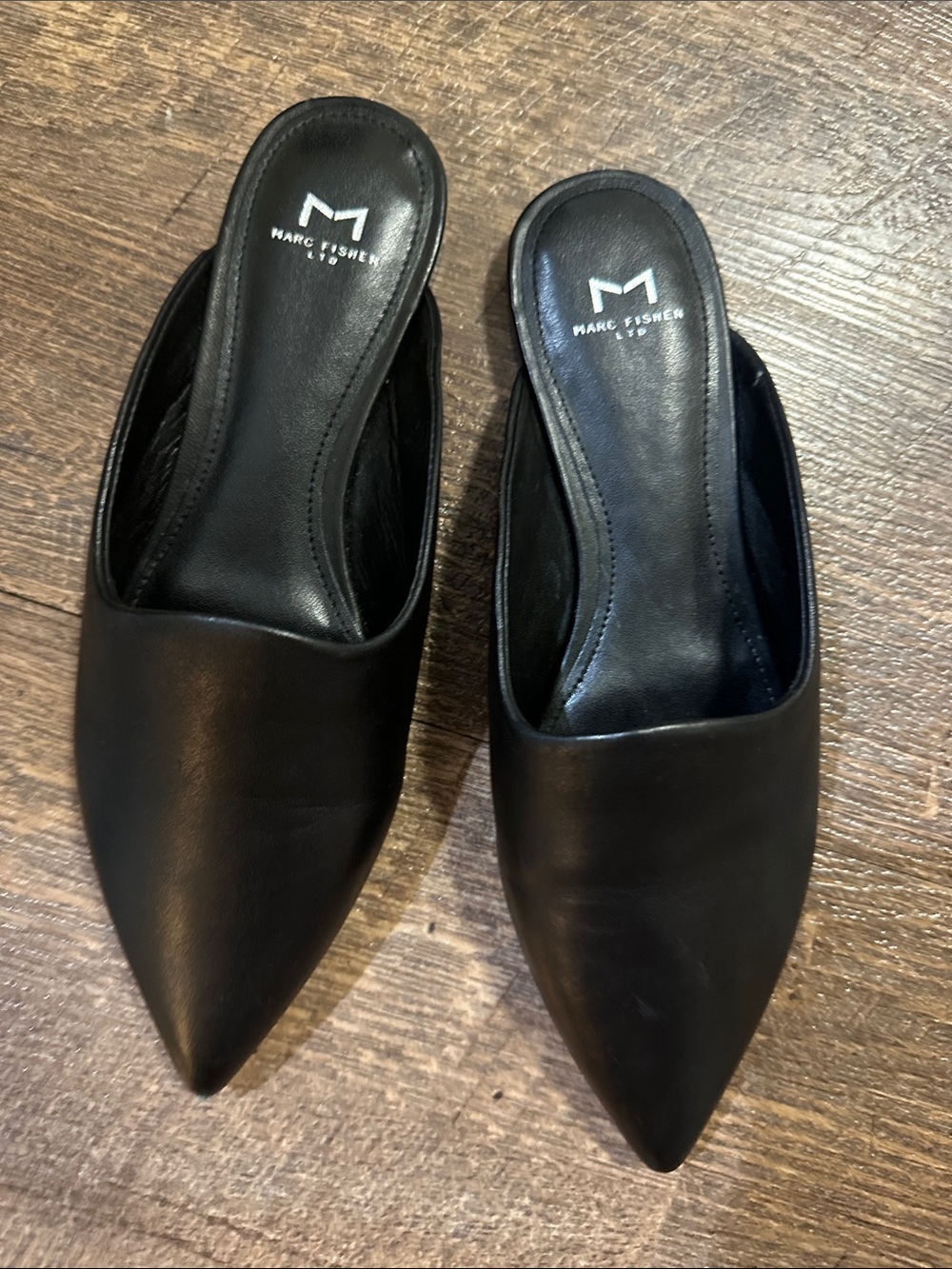 Marc Fisher Black Pointed Leather-Style Mule Slides - Size 6 M US